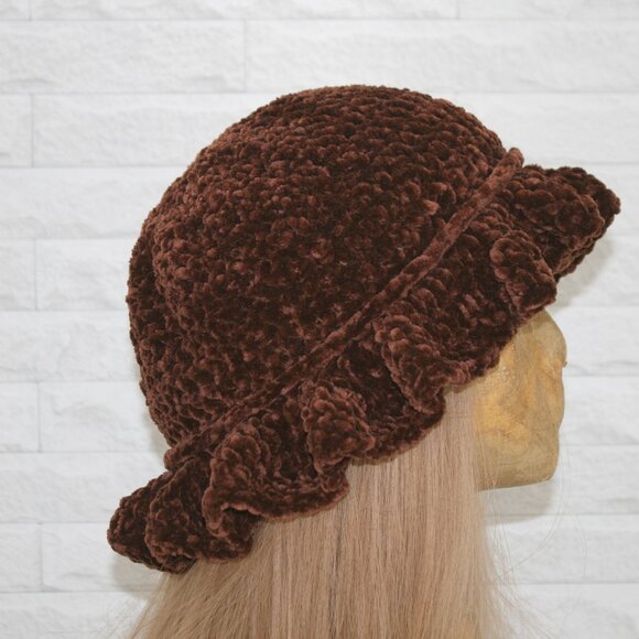 HAND CRAFTED Hat Crochet Bucket Chenille Winter Full Ruffle Brown Wide Brim - Picture 3 of 12